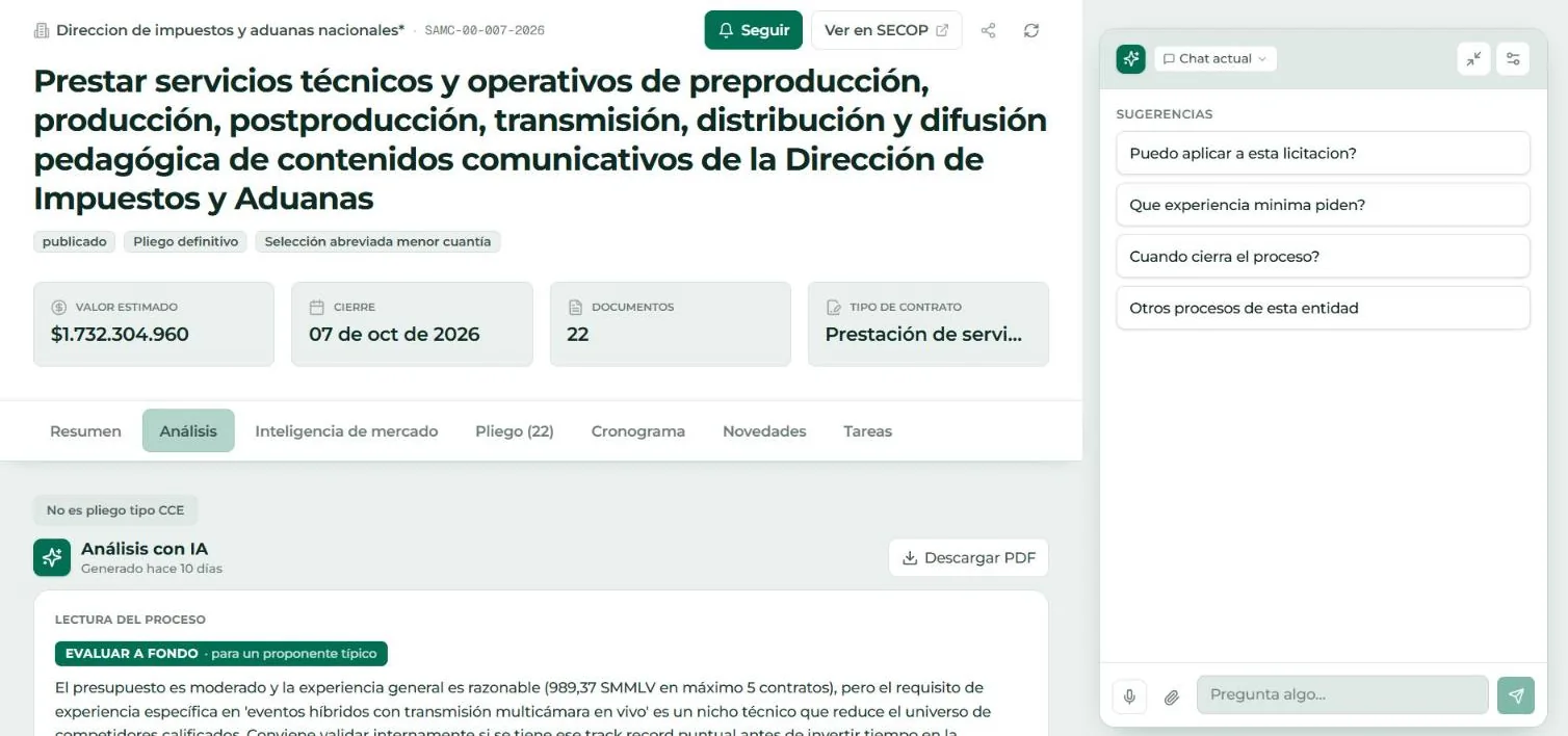 Un proceso de la DIAN abierto en Licitarus: valor, cierre, documentos, el análisis con IA y el chat del proceso al costado.