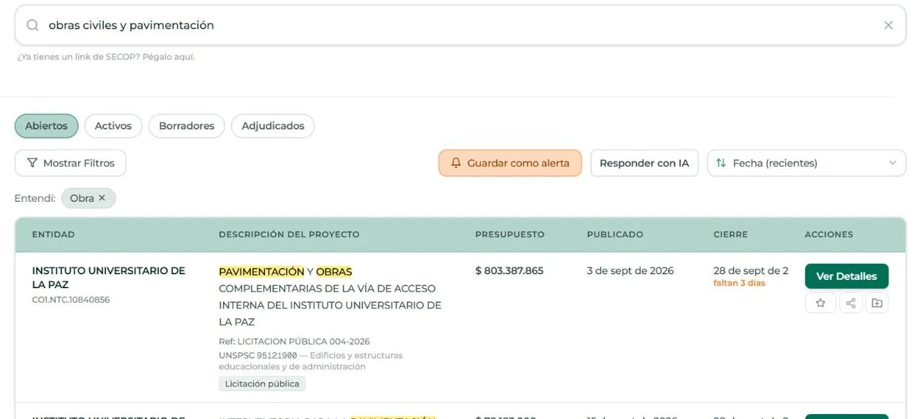 El buscador de Licitarus con la búsqueda «obras civiles y pavimentación» y los procesos abiertos que encontró.